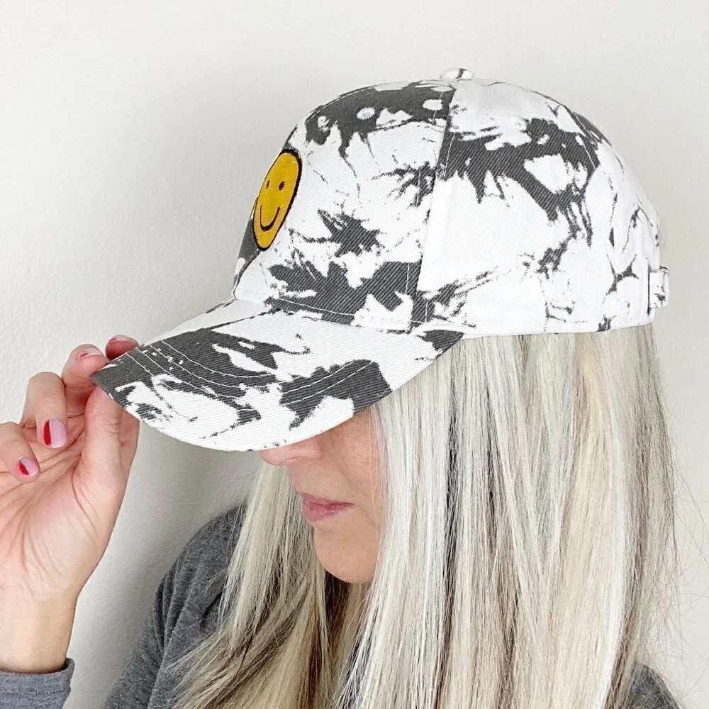 Smiley Face White Gray Tie Dye Ball Cap Hat